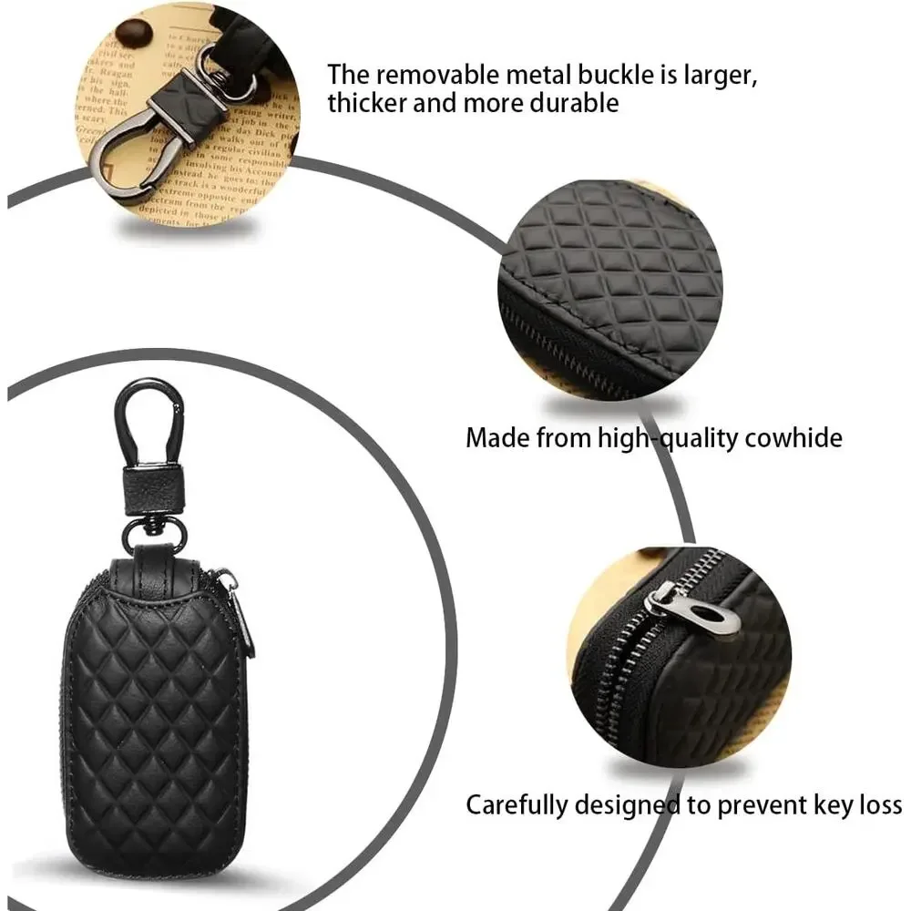 Car Key Case with Metal Hook, Genuine Leather Remote Zipper Bag (Coffee)